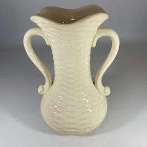 Vintage ceramic basket weave pattern vase with handles