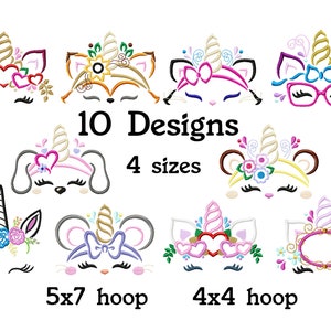 May include: Ten embroidery designs featuring cute animal faces with unicorn horns, flowers, and hearts. The designs are available in four sizes and are suitable for 5x7 and 4x4 embroidery hoops.