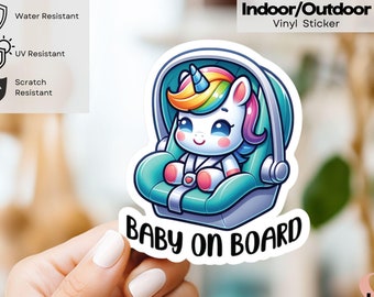 Unicorn Baby On Board Indoor/Outdoor Vinyl Decal Sticker, Baby On Board Car Sticker, New Baby gift, Birth Announcement, Baby Shower Gift