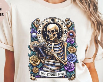 Tattoo Art Skeleton Book Lover T-shirt Gift for Readers Bookworm Book Club Librarian Reading Teacher Shirt Comfort Colors® tshirt Tee