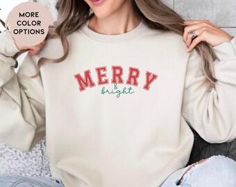 Merry and Bright Christmas Sweatshirt, Festive Holiday Shirt, Unisex Christmas Sweatshirt Xmas Party Holiday Sweater simple Christmas shirt