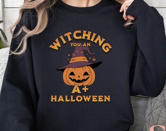 Spooky Halloween Pumpkin Witch Sweatshirt, Halloween lover shirt, Fall Teacher sweatshirt Funny birthday gift for him her shirt for work