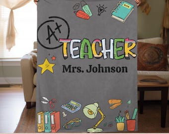 Personalized A+ Teacher Blanket Gift for Teacher, Custom Velveteen Plush Blanket End of Year Teacher Gift from Student, Teacher Appreciation