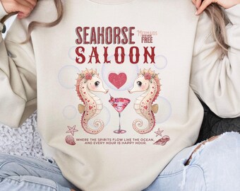 Cute Seahorse Sweatshirt, Vintage Style Crewneck Sweatshirt, Gift for Seahorse Lover Western Cowgirl Seahorse Funny Sweatshirt Gift for Mom