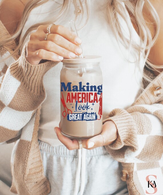 Patriotic Hair Stylist Glass Sipper Cup Political Hair Dresser Gift Politics Hair Stylist Iced Coffee Tumbler Mug Funny Political Barber