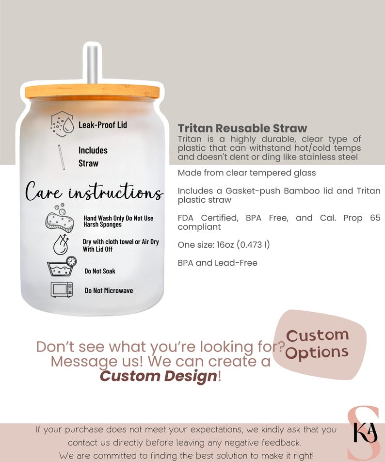 May include: A clear glass tumbler with a bamboo lid and a reusable straw. The tumbler includes care instructions and text that reads "Tritan Reusable Straw" and "Custom Design". The tumbler is 16oz (0.473 l) and BPA free.