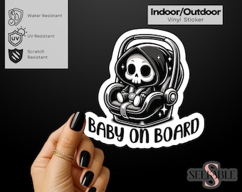 Grim Reaper Skeleton Baby On Board Indoor/Outdoor Vinyl Decal Sticker Baby On Board Car Sticker New Baby Birth Spooky Baby Shower Gift