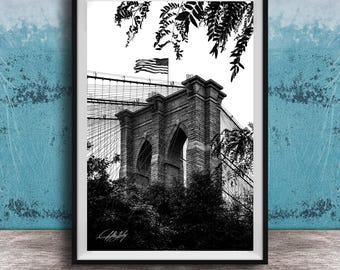 Brooklyn Bridge Wall Art - Black and White NYC with Flag Detail