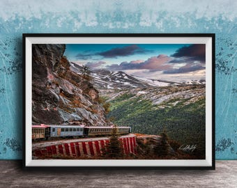 Alaska Railroad Print, Skagway Train Through Mountains (Gold Rush Era)