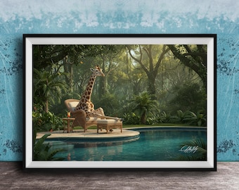 Giraffe at Swimming Pool AI Wall Art - Jungle Forest Print