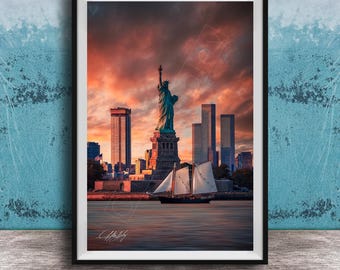 Statue of Liberty Wall Art - New York Sunrise with Sailboat