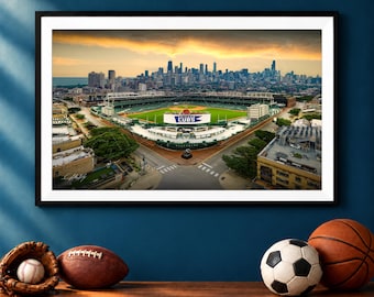 Wrigley Field Photo, Chicago Skyline Sunset Print, Cubs Ballpark Wall Art