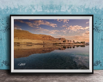 Dead Sea Sunrise Photo Print - Warm Glow Over Quiet Shore