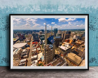 Nashville Skyline Photo, Bat Building and Bridgestone Arena (Sunset Wall Art)