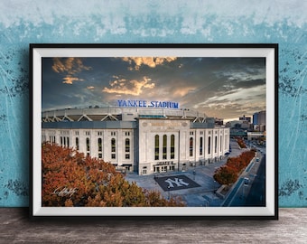 NYC Baseball Wall Art, Yankee Stadium Sunset (Bronx Skyline Print)