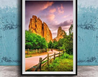 Garden of the Gods Fence Photo, Pikes Peak Colorado Silhouette Print, Sunset Wall Art