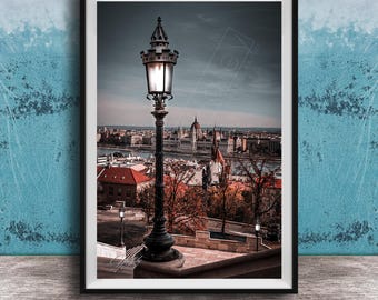 Budapest Castle Hill Print, Danube River View with Lamp Post (Fine Art Wall Decor)