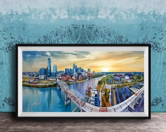 Nashville Cityscape Art: Watercolor Bridge and Stadium (Canvas Print)