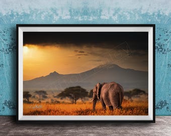 Boho Elephant Wall Art: Sunrise Safari Scene, Large Print