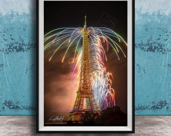 Paris Fireworks Print, Eiffel Tower at Night (Bastille Day Celebration)