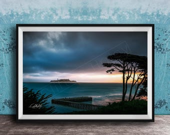 Alcatraz Island Sunrise Print - Foggy Bay with Orange and Pink Sky