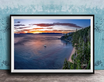 Lake Tahoe Sailboat Wall Art, Sunrise Colors, Calm Waters (Framed or Unframed)