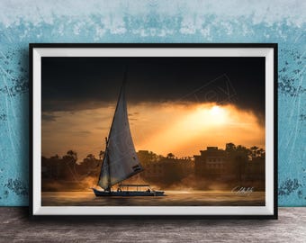 Felucca Sail Boat, Luxor, Cairo Egypt, Nile River Sunset Fine Art
