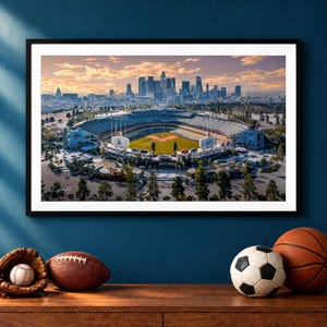 Dodger Stadium Sunrise Print, Los Angeles Downtown LA Skyline Aerial Photo, Baseball Wall Art