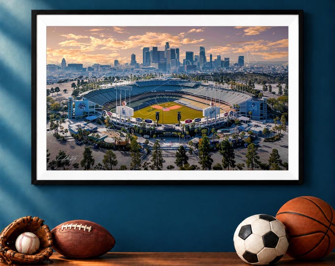 Featured listing image: Dodger Stadium Sunrise Print, Dogers Downtown LA Skyline Aerial Photo, Baseball Wall Art