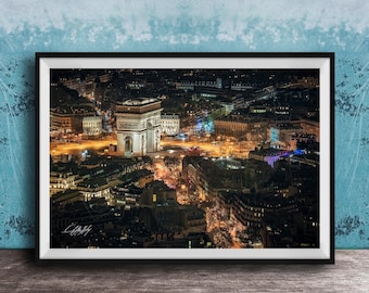 Illuminated Arc de Triomphe Print: Paris Night Scene (Framed or Canvas)