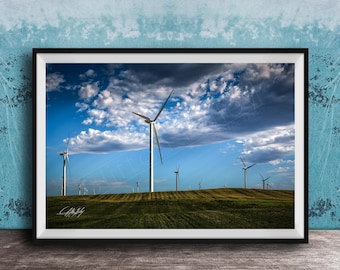 Rio Vista Wind Turbine Print, Blue Green Minimalist Landscape, Artist Signed Eco Decor