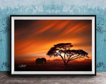 Kenya Sunset Elephant Wall Art - Boho Acacia Tree Silhouette