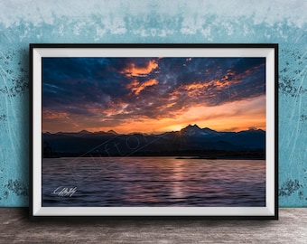 Mountain Landscape Print, Sunset Over Lake (Rustic Cabin Decor)