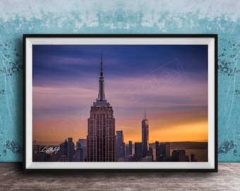 NYC Sunset Skyline Print - Empire State and Freedom Tower View