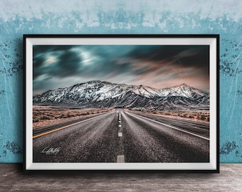 Rocky Mountain Road Wall Art: Empty Highway with Majestic Peaks