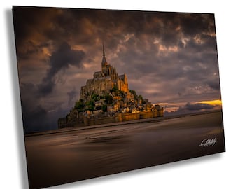 Mont Saint Michel Normandy Poster, Sunrise Reflection Art, Coastal Wall Decor, Historic Abbey Print, French Travel Gift, Signed Artwork
