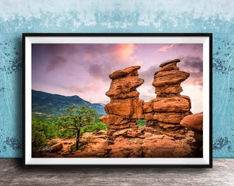 Siamese Twins Garden of the Gods Photo, Colorado Springs Rock Pillars Sunset Print