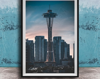 Seattle Wall Art: Space Needle Cityscape - Sunset Colors
