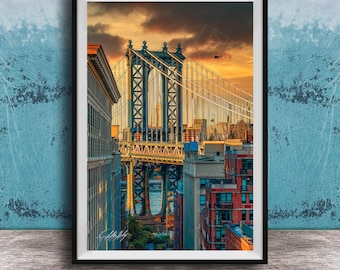Manhattan Bridge NYC Print - Sunset Glow with Empire State