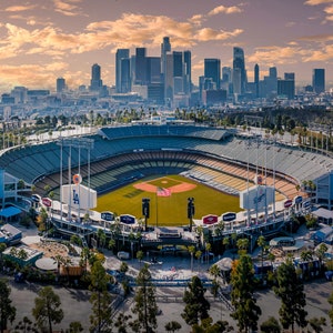 Los Angeles (LA) Dodgers Stadium with LA Skyline at Sunrise/Sunset- Print/Canvas/Acrylic/Metal