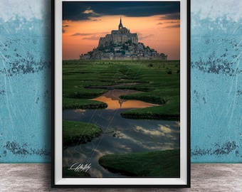 Mont Saint-Michel Landscape Print - Normandy Sunset Reflection