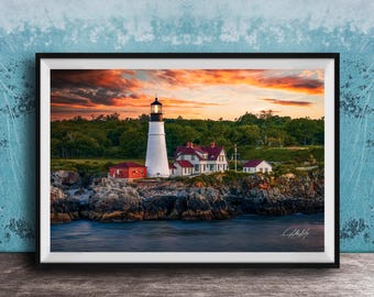 Historic Lighthouse Print: Portland Head Light at Dusk (Maine Coast)