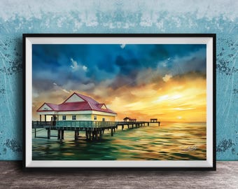 Pier 60 Sunset Print: Clearwater Beach Art (Watercolor, Coastal)