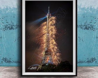 Paris Wall Art: Eiffel Tower at Night - Summer Fireworks Glow