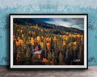 Mountain Cabin Print, Autumn Aspen Trees, Rustic Colorado (Wall Art)