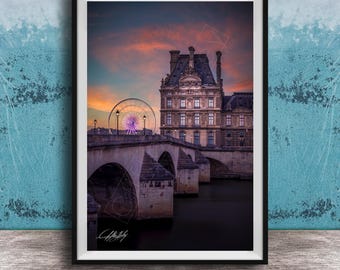Seine River Sunset Print: Paris Wall Decor (Louvre Museum View)