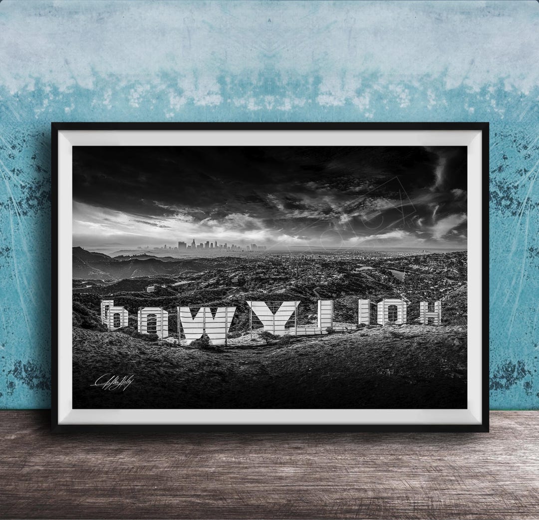 Hollywood Sign black and white LA skyline print