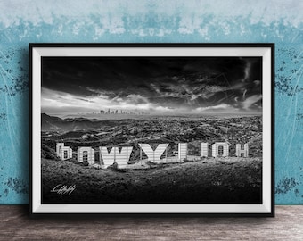 Hollywood Sign Print: Black and White LA Skyline