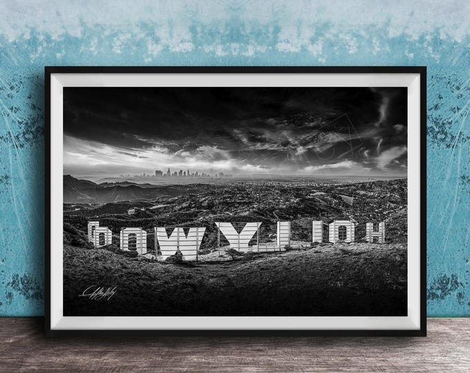 Featured listing image: Hollywood Sign Print: LA Skyline Photography (Black and White)