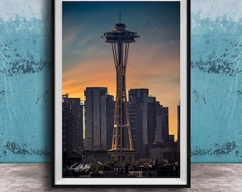 Space Needle Art Print: Seattle Skyline at Dusk (Various Sizes)